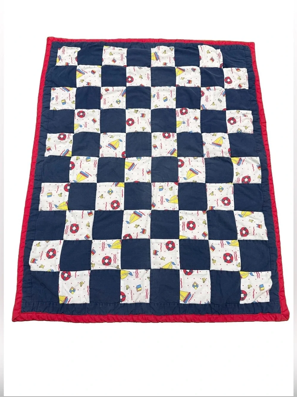 Vintage Handmade Baby Quilt Nautical Boat Theme Patchwork 36x27” Blue Red